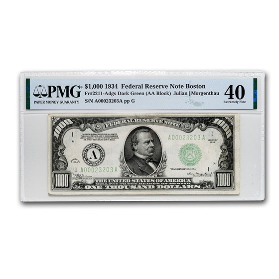 1934 (A-Boston) $1,000 FRN XF-40 PMG 1934 (A-Boston) $1,000 FRN XF-40 PMG