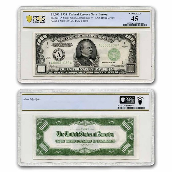 1934 (A-Boston) $1,000 FRN XF-45 PCGS (Fr#2211-A) 1934 (A-Boston) $1,000 FRN XF-45 PCGS (Fr#2211-A)