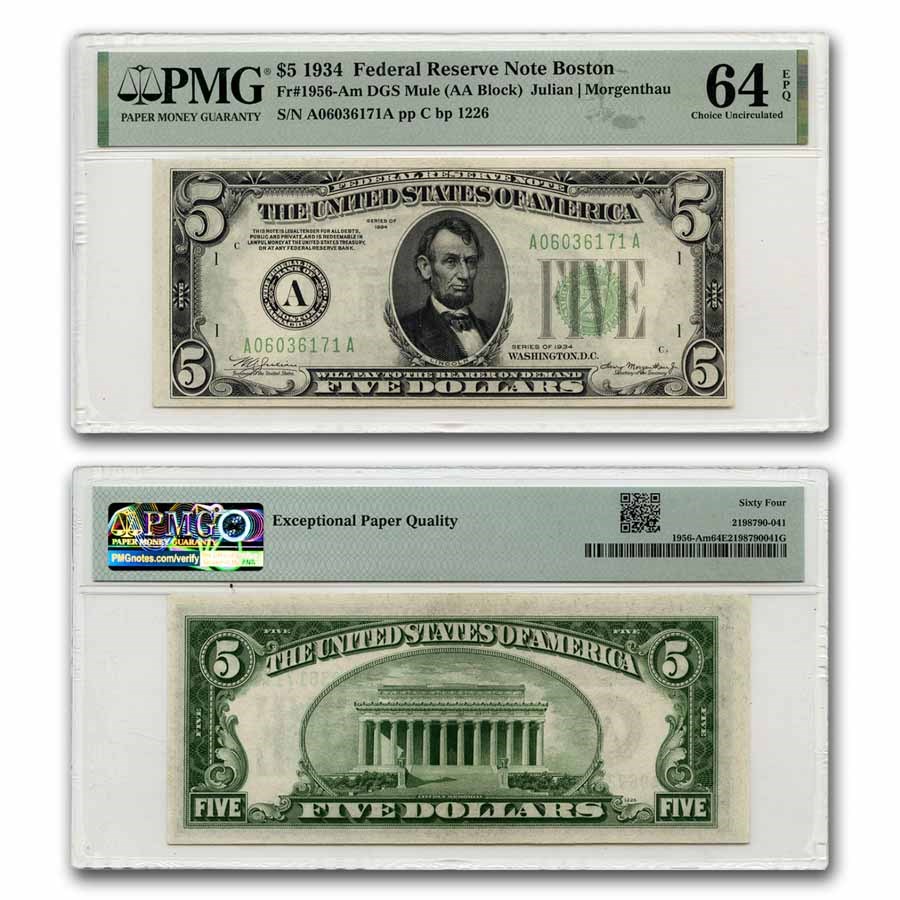 1934 (A-Boston) $5.00 FRN CU-64 EPQ PMG (Fr#1956-Am) DGS