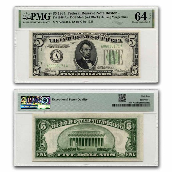 1934 (A-Boston) $5.00 FRN CU-64 EPQ PMG (Fr#1956-Am) DGS 1934 (A-Boston) $5.00 FRN CU-64 EPQ PMG (Fr#1956-Am) DGS