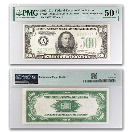 1934 (A-Boston) $500 FRN AU-50 EPQ PMG (Fr#2201-A) 1934 (A-Boston) $500 FRN AU-50 EPQ PMG (Fr#2201-A)