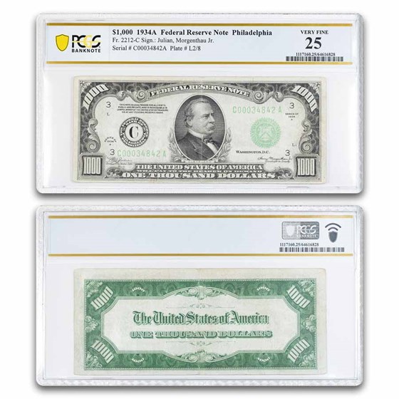 1934-A (C-Philadelphia) $1,000 FRN VF-25 PCGS (Fr#2212-C)