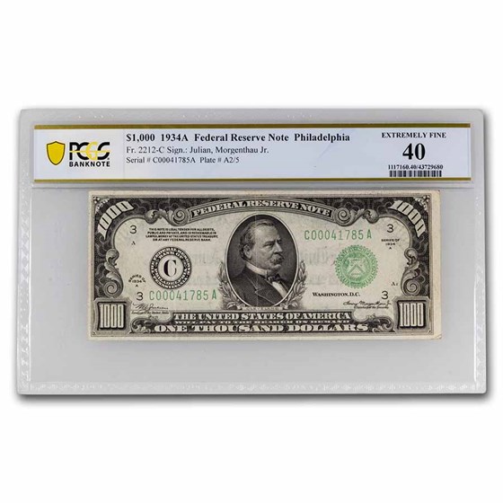 1934-A (C-Philadelphia) $1,000 FRN XF-40 PCGS (Fr#2212-C) 1934-A (C-Philadelphia) $1,000 FRN XF-40 PCGS (Fr#2212-C)