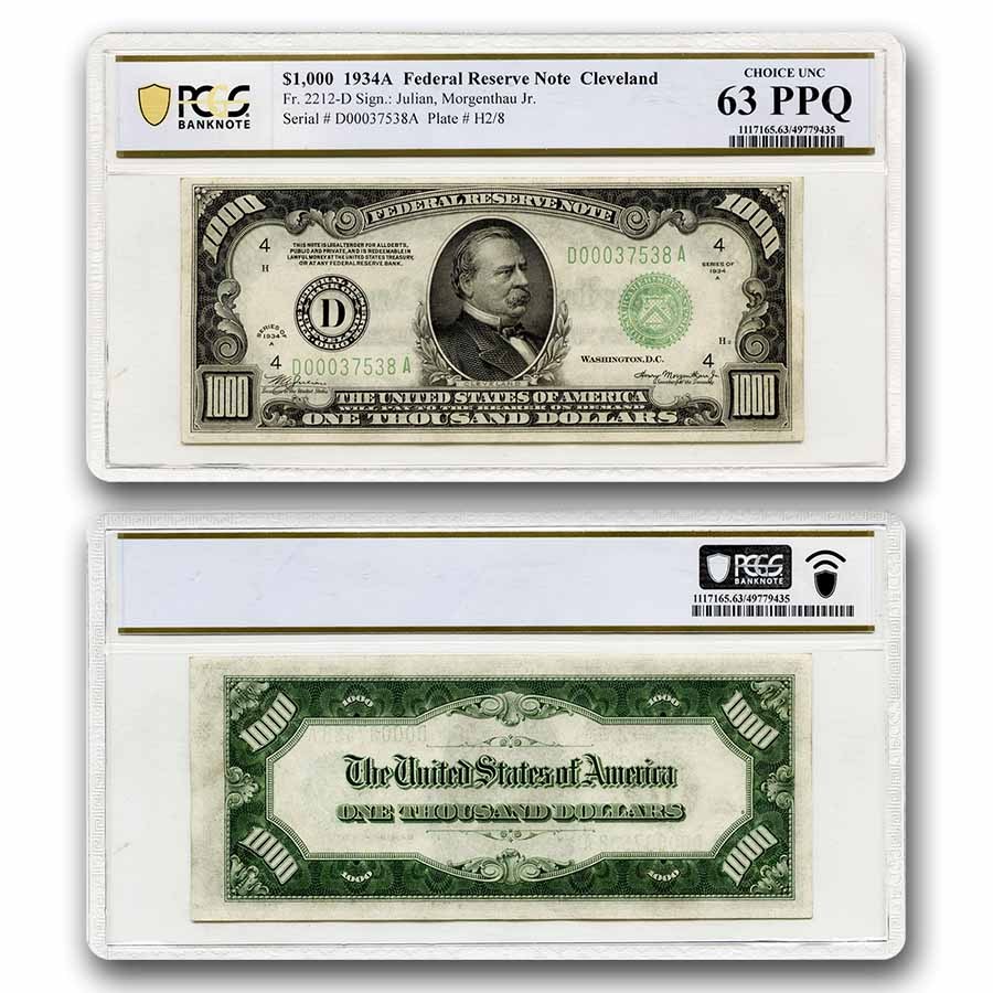 Buy 1934-A (D-Clev) $1,000 Federal Reserve Note CU-63 | APMEX