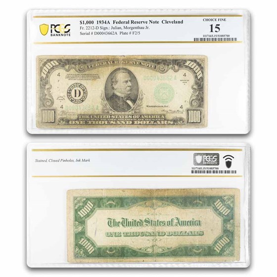 1934-A (D-Cleveland) $1,000 FRN F-15 Details PCGS (Fr#2212-D)