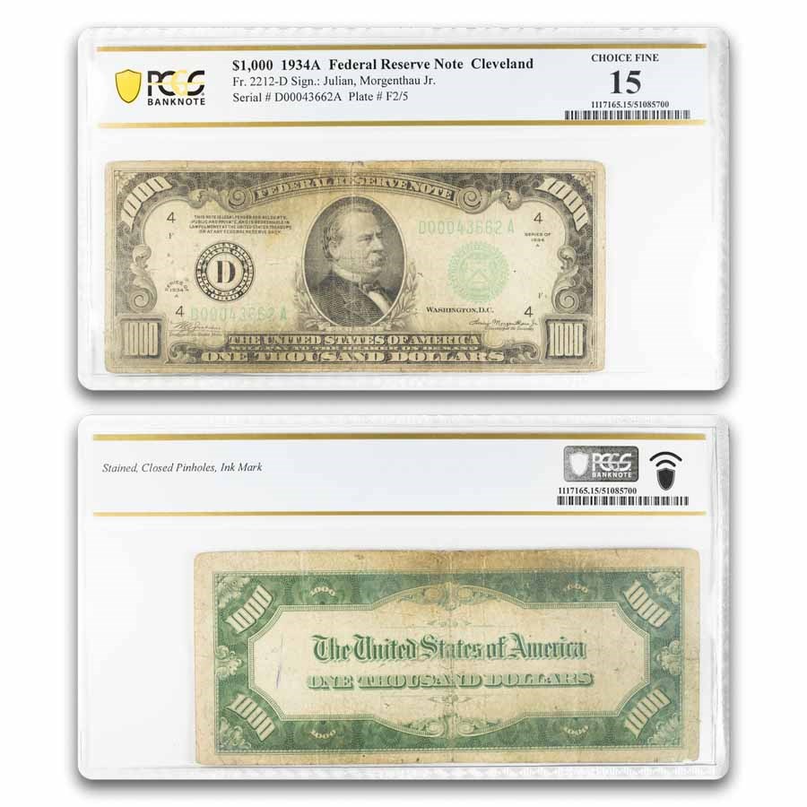 1934-A (D-Cleveland) $1,000 FRN F-15 Details PCGS (Fr#2212-D)