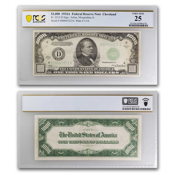 1934-A (D-Cleveland) $1,000 FRN VF-25 PCGS (Fr#2212-D) 1934-A (D-Cleveland) $1,000 FRN VF-25 PCGS (Fr#2212-D)