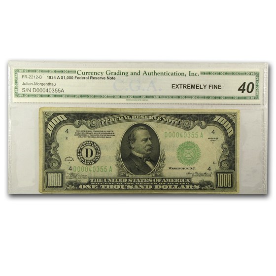 1934-A (D-Cleveland) $1,000 FRN XF-40 CGA 1934-A (D-Cleveland) $1,000 FRN XF-40 CGA