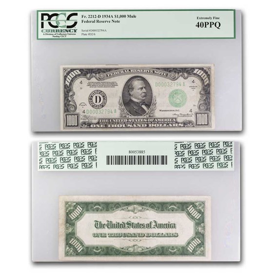 1934-A (D-Cleveland) $1,000 FRN XF-40 PCGS PPQ (Mule) 1934-A (D-Cleveland) $1,000 FRN XF-40 PCGS PPQ (Mule)