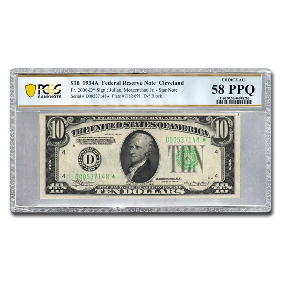 1934-A (D-Cleveland) $10 FRN Choice AU-58 PCGS PPQ (Fr#2006-D*) 1934-A (D-Cleveland) $10 FRN Choice AU-58 PCGS PPQ (Fr#2006-D*)