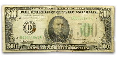 1934-A (D-Cleveland) $500 FRN VF Details (Torn) 1934-A (D-Cleveland) $500 FRN VF Details (Torn)