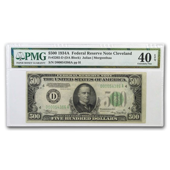 1934-A (D-Cleveland) $500 FRN XF-40 EPQ PMG 1934-A (D-Cleveland) $500 FRN XF-40 EPQ PMG