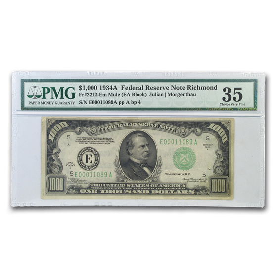 1934-A (E-Richmond) $1,000 FRN VF-35 PMG 1934-A (E-Richmond) $1,000 FRN VF-35 PMG