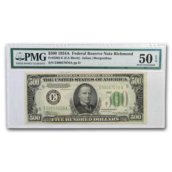 1934-A (E-Richmond) $500 FRN AU-50 EPQ PMG 1934-A (E-Richmond) $500 FRN AU-50 EPQ PMG