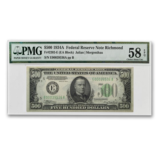 1934-A (E-Richmond) $500 FRN AU-58 EPQ PMG 1934-A (E-Richmond) $500 FRN AU-58 EPQ PMG