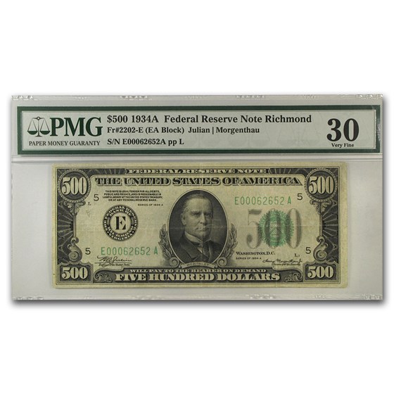 1934-A (E-Richmond) $500 FRN VF-30 PMG 1934-A (E-Richmond) $500 FRN VF-30 PMG