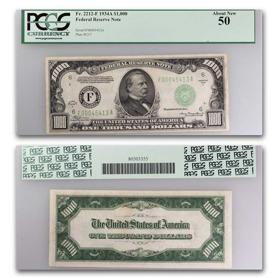 1934-A (F-Atlanta) $1,000 FRN AU-55 PCGS (Fr#2212-F) 1934-A (F-Atlanta) $1,000 FRN AU-55 PCGS (Fr#2212-F)