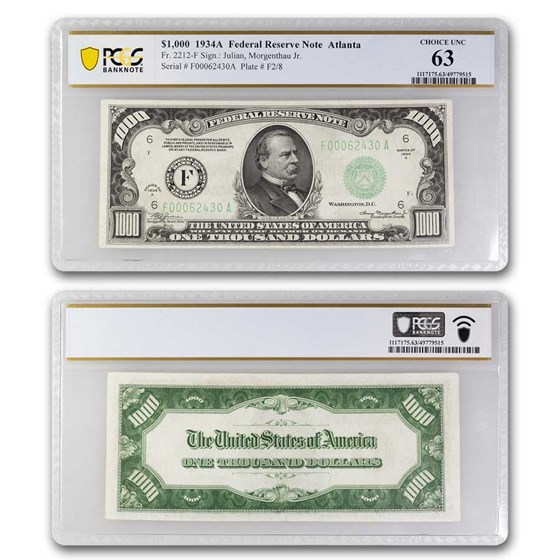 1934-A (F-Atlanta) $1,000 FRN CU-63 PCGS (Fr#2212-F) 1934-A (F-Atlanta) $1,000 FRN CU-63 PCGS (Fr#2212-F)