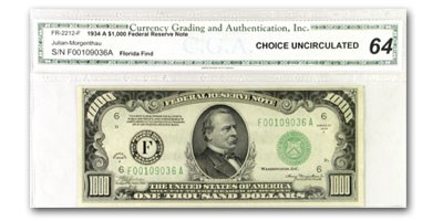 1934-A (F-Atlanta) $1,000 FRN CU-64 CGA 1934-A (F-Atlanta) $1,000 FRN CU-64 CGA