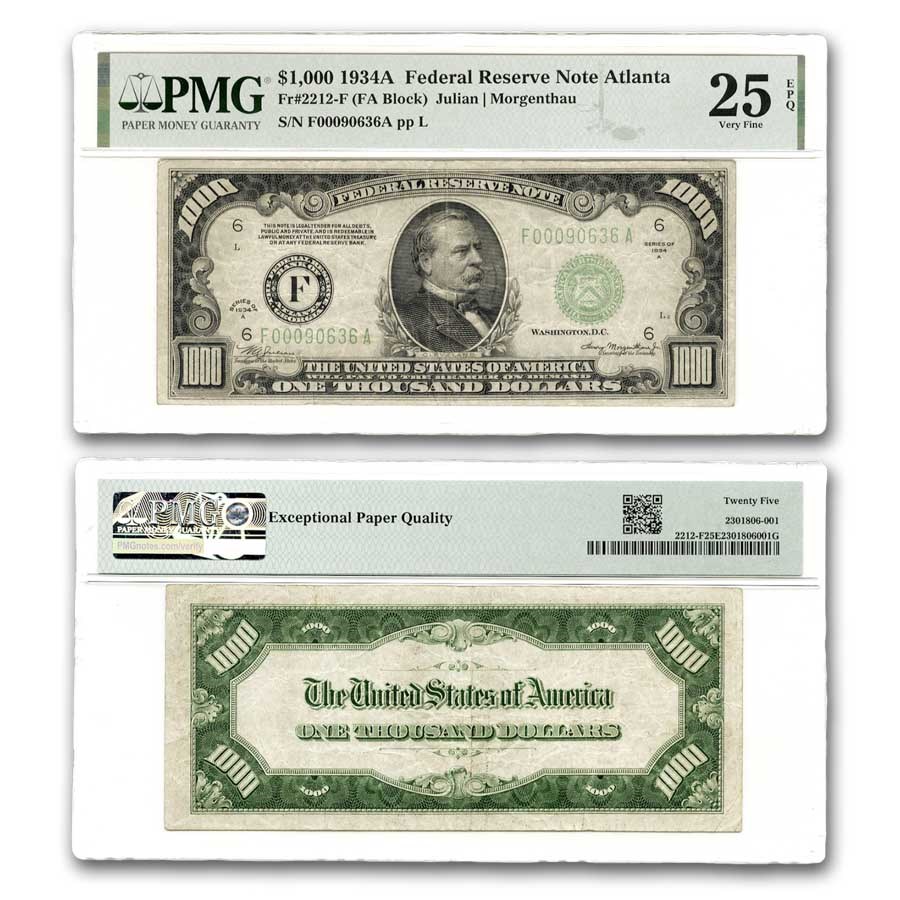 1934-A (F-Atlanta) $1,000 FRN VF-25 EPQ PMG (Fr#2212-F)