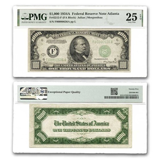 1934-A (F-Atlanta) $1,000 FRN VF-25 EPQ PMG (Fr#2212-F) 1934-A (F-Atlanta) $1,000 FRN VF-25 EPQ PMG (Fr#2212-F)