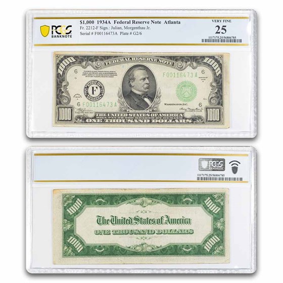 1934-A (F-Atlanta) $1,000 FRN VF-25 PCGS (Fr#2212-F)