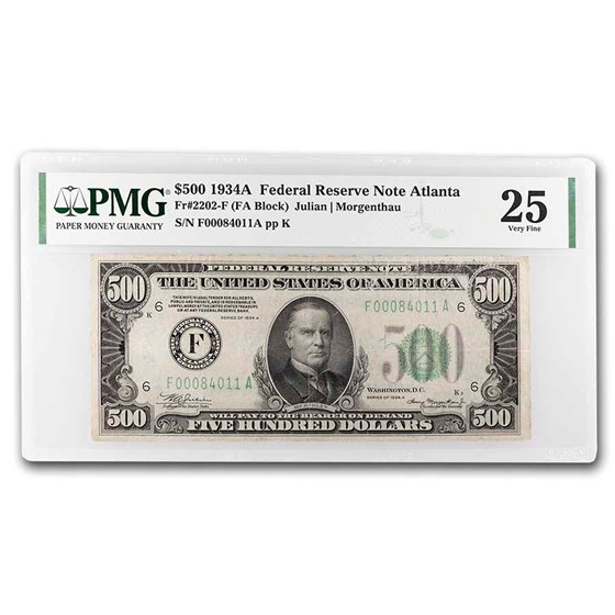 1934-A (F-Atlanta) $500 FRN VF-25 PMG (Fr#2202-F) 1934-A (F-Atlanta) $500 FRN VF-25 PMG (Fr#2202-F)