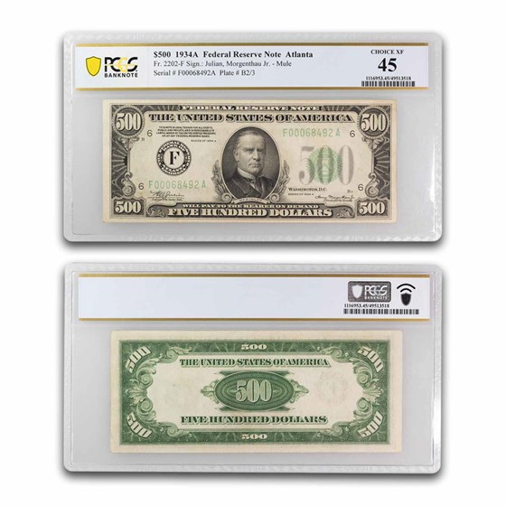 1934-A (F-Atlanta) $500 FRN XF-45 PCGS (Fr#2202-F) mule 1934-A (F-Atlanta) $500 FRN XF-45 PCGS (Fr#2202-F) mule