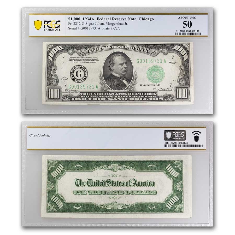 1934-A (G-Chicago) $1,000 FRN AU-50 PCGS (Fr#2212-G)