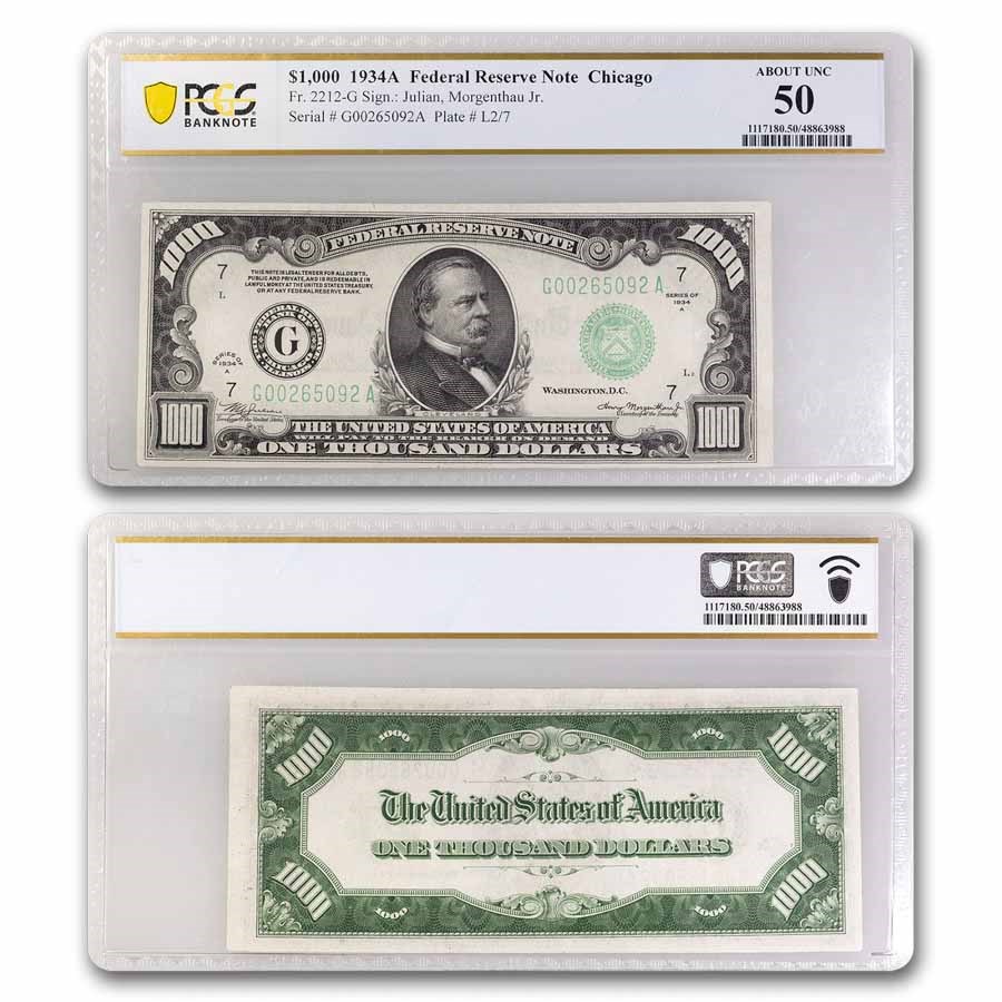 1934-A (G-Chicago) $1,000 FRN AU-50 PCGS (Fr#2212-G)