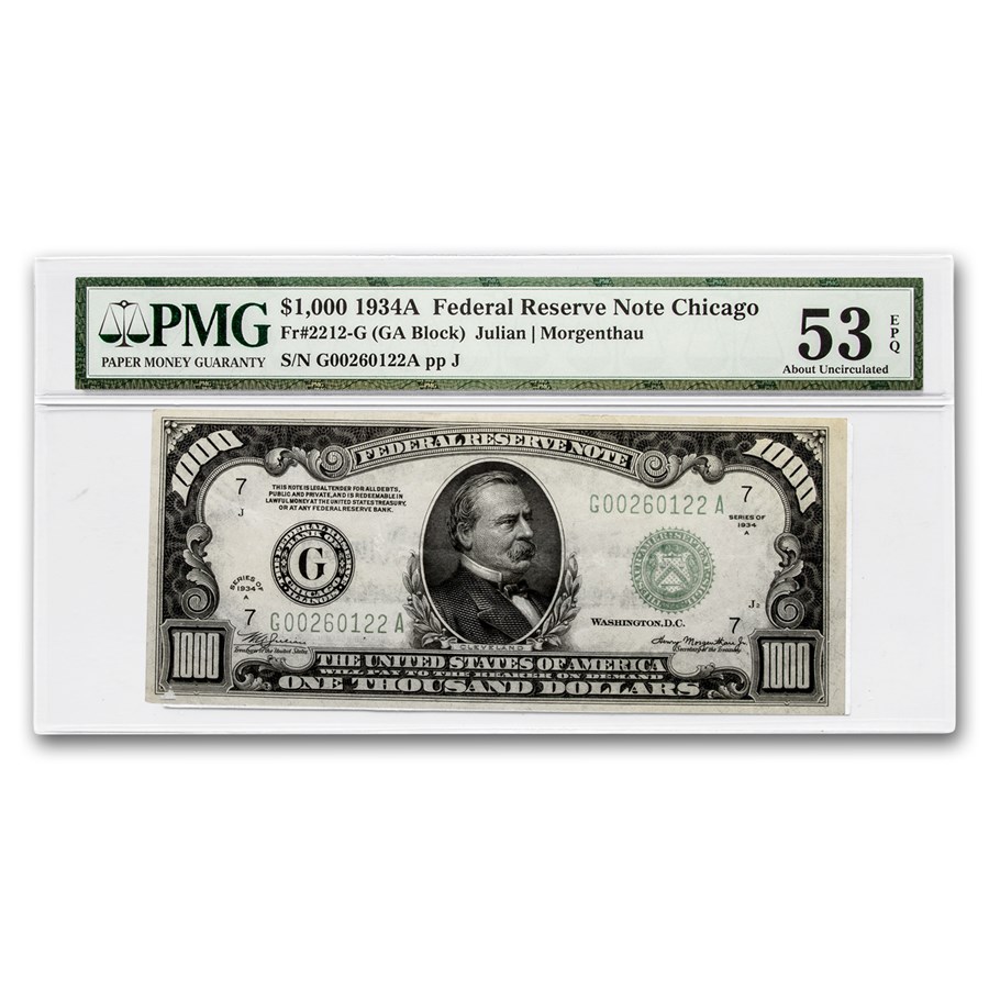 1934-A (G-Chicago) $1,000 FRN AU-53 EPQ PMG (Fr#2212-G)