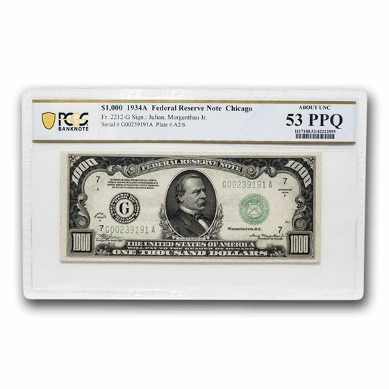 1934-A (G-Chicago) $1,000 FRN AU-53 PPQ PCGS (Fr#2212-G) 1934-A (G-Chicago) $1,000 FRN AU-53 PPQ PCGS (Fr#2212-G)