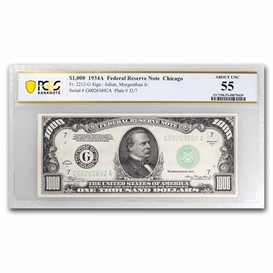 1934-A (G-Chicago) $1,000 FRN AU-55 PCGS (Fr#2212-G) 1934-A (G-Chicago) $1,000 FRN AU-55 PCGS (Fr#2212-G)