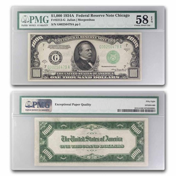 1934-A (G-Chicago) $1,000 FRN AU-58 EPQ PMG (Fr#2212-G) 1934-A (G-Chicago) $1,000 FRN AU-58 EPQ PMG (Fr#2212-G)