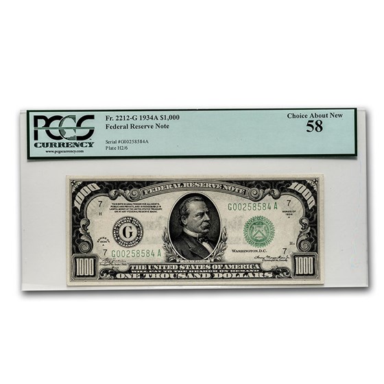 1934-A (G-Chicago) $1,000 FRN AU-58 PCGS 1934-A (G-Chicago) $1,000 FRN AU-58 PCGS