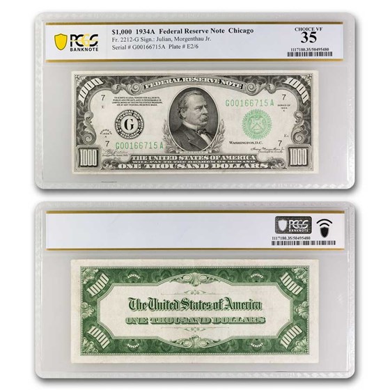 1934-A (G-Chicago) $1,000 FRN Choice VF-35 PCGS (Fr#2212-G) 1934-A (G-Chicago) $1,000 FRN Choice VF-35 PCGS (Fr#2212-G)