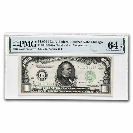 1934-A (G-Chicago) $1,000 FRN CU-64 EPQ PMG (Fr#2212-G) 1934-A (G-Chicago) $1,000 FRN CU-64 EPQ PMG (Fr#2212-G)