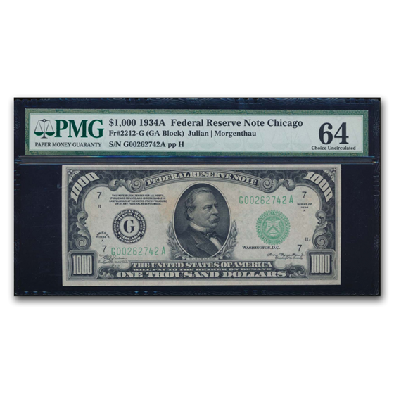1934-A (G-Chicago) $1,000 FRN CU-64 PMG 1934-A (G-Chicago) $1,000 FRN CU-64 PMG