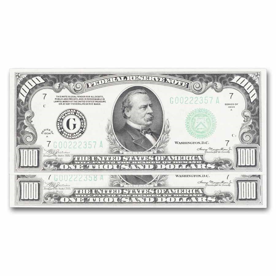 1934-A (G-Chicago) $1,000 FRN CU (Fr#2212-G) 2 Consec