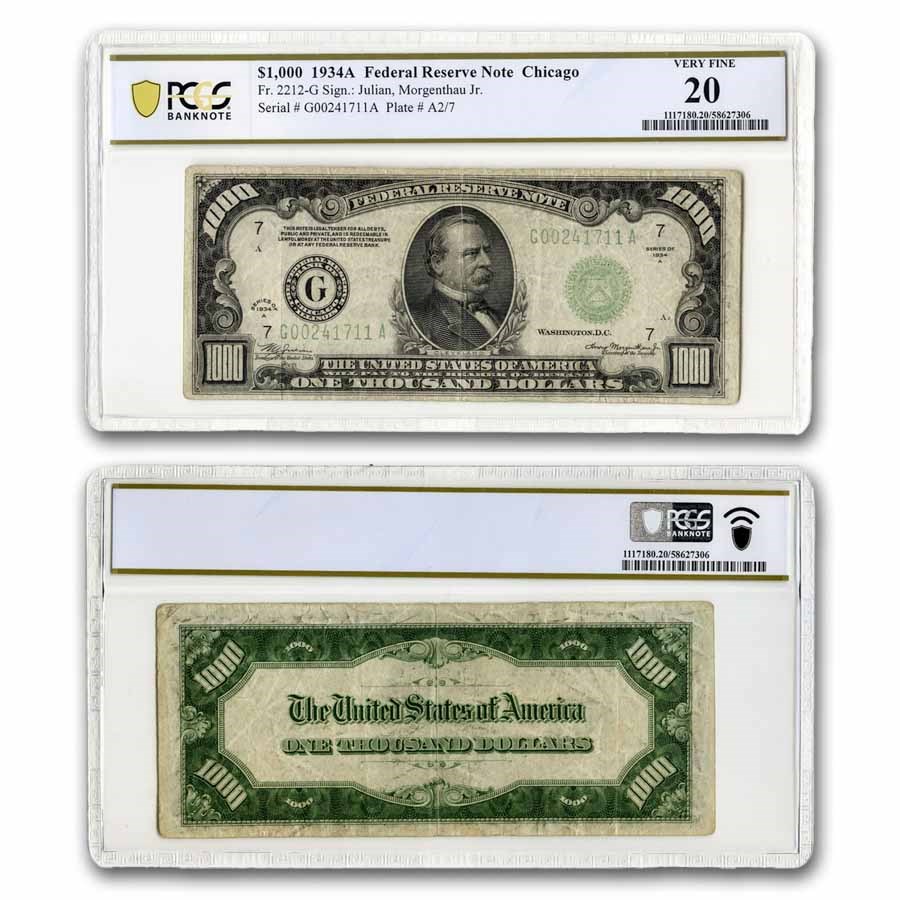 1934-A (G-Chicago) $1,000 FRN VF-20 PCGS (Fr#2212-G)