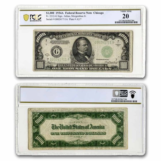 1934-A (G-Chicago) $1,000 FRN VF-20 PCGS (Fr#2212-G) 1934-A (G-Chicago) $1,000 FRN VF-20 PCGS (Fr#2212-G)
