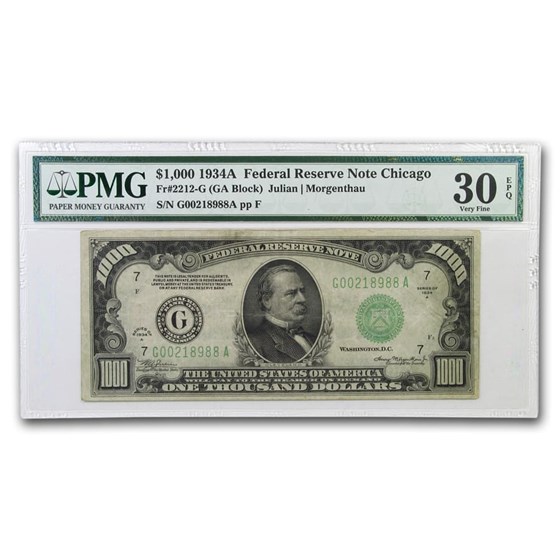 1934-A (G-Chicago) $1,000 FRN VF-30 EPQ PMG 1934-A (G-Chicago) $1,000 FRN VF-30 EPQ PMG