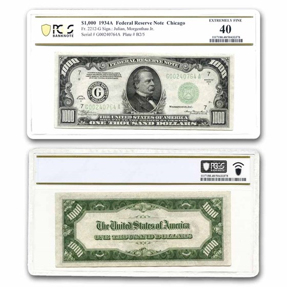 1934-A (G-Chicago) $1,000 FRN XF-40 PCGS (Fr#2212-G) 1934-A (G-Chicago) $1,000 FRN XF-40 PCGS (Fr#2212-G)