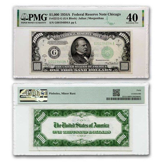 1934-A (G-Chicago) $1,000 FRN XF-40 PMG (Fr#2212-G) 1934-A (G-Chicago) $1,000 FRN XF-40 PMG (Fr#2212-G)