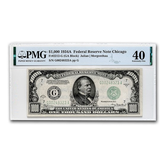 1934-A (G-Chicago) $1,000 FRN XF-40 PMG 1934-A (G-Chicago) $1,000 FRN XF-40 PMG