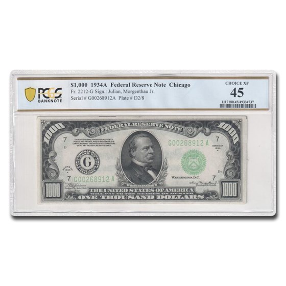 1934-A (G-Chicago) $1,000 FRN XF-45 PCGS (Fr#2212-G) 1934-A (G-Chicago) $1,000 FRN XF-45 PCGS (Fr#2212-G)
