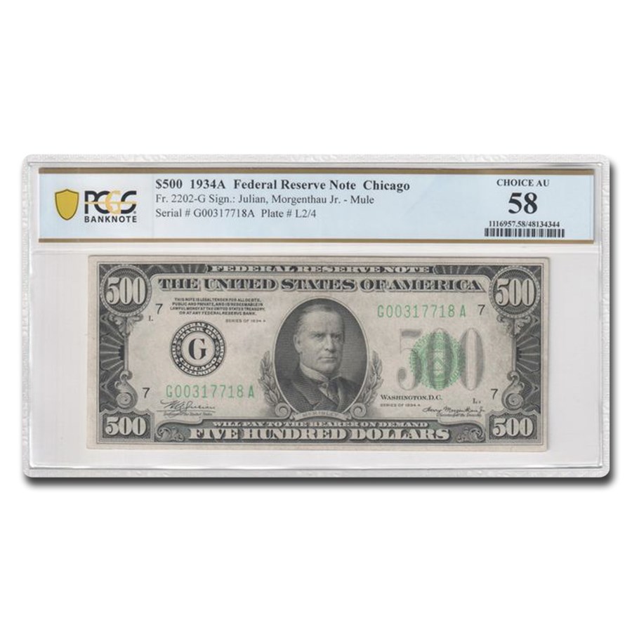 1934-A (G-Chicago) $500 FRN AU-58 PCGS (Fr#2202-G) Mule