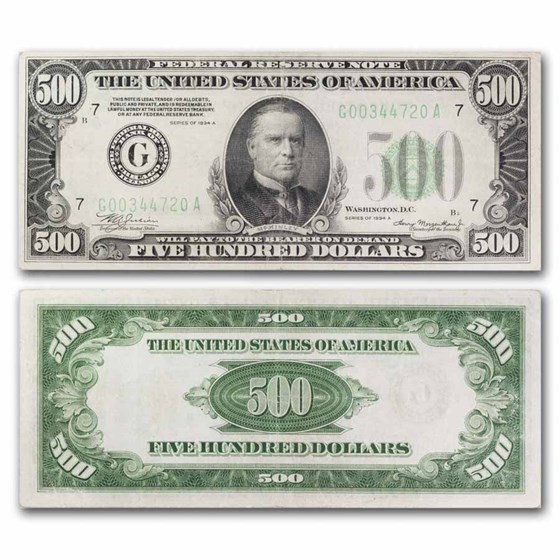 1934-A (G-Chicago) $500 FRN VF+ (Fr#2202-G) 1934-A (G-Chicago) $500 FRN VF+ (Fr#2202-G)