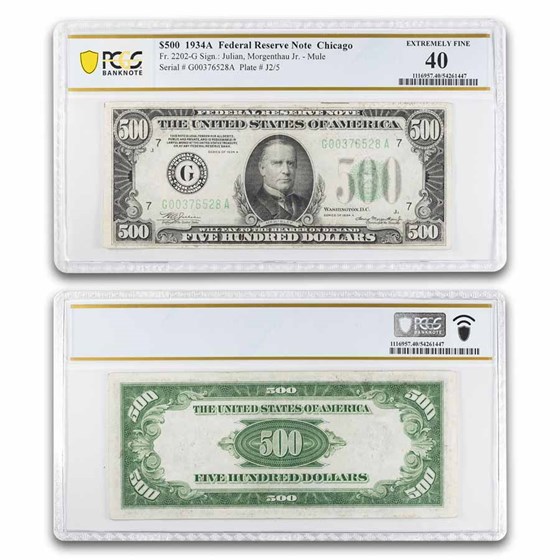 1934-A (G-Chicago) $500 FRN XF-40 PCGS (Fr#2202-G) Mule