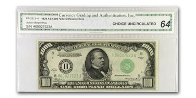 1934-A (H-St. Louis) $1,000 FRN CU-64 CGA 1934-A (H-St. Louis) $1,000 FRN CU-64 CGA